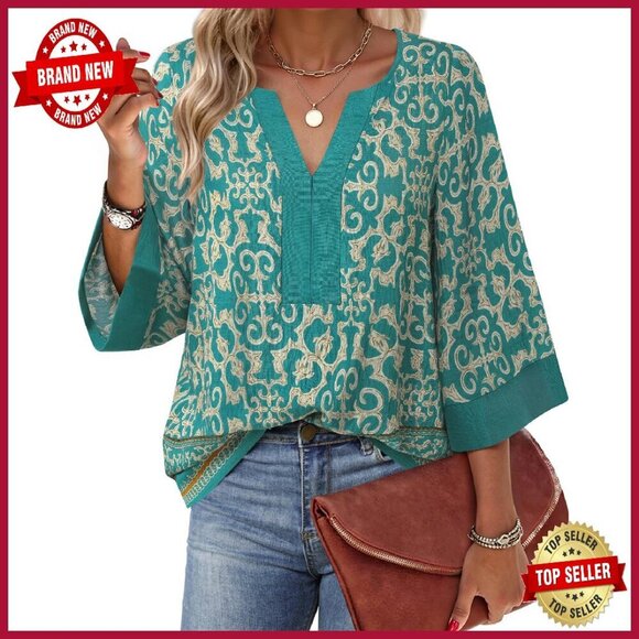 Tops - Women's 3/4 Sleeve V-Neck Floral Tunic Top Loose Fit Chiffon Blouse